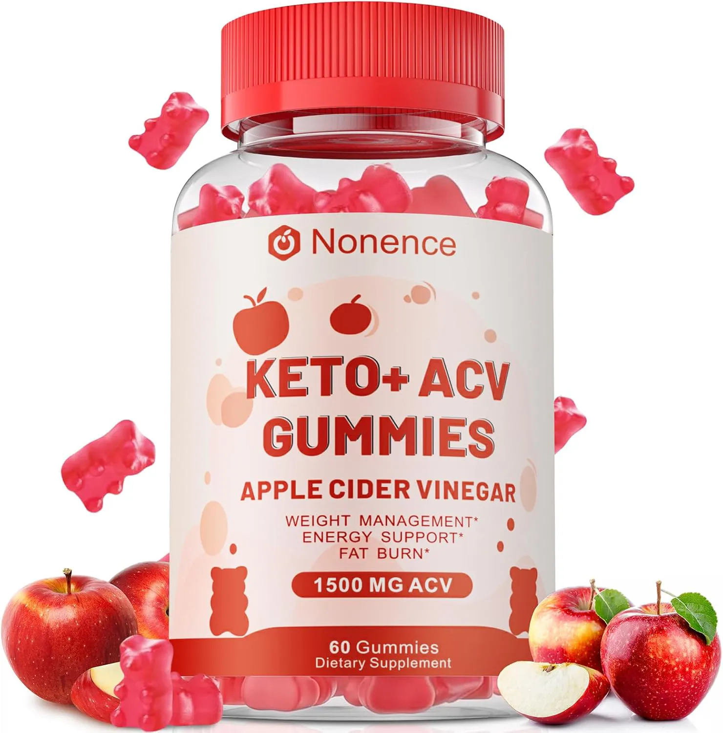Apple cider vinegar gummies bottle, 1500mg ACV, vegan detox and weight loss supplement, 60 count