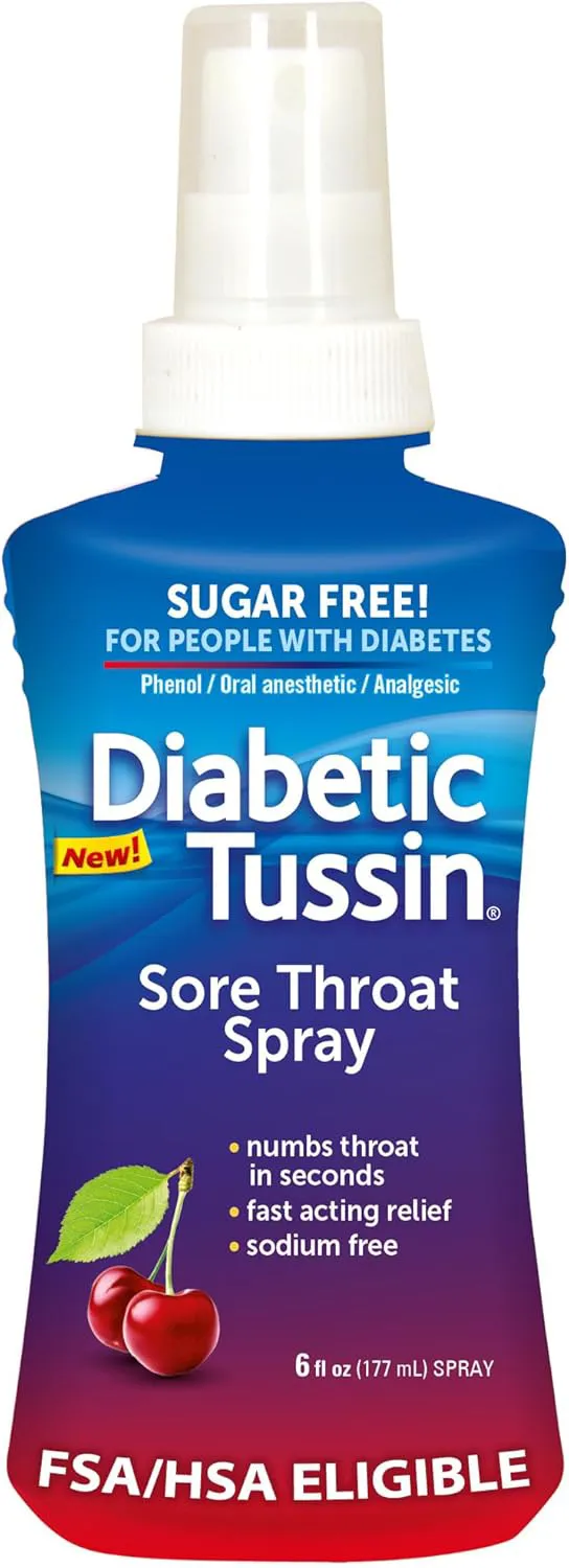 Diabetic Tussin sore throat spray in wild cherry flavor, 6 oz bottle, sugar-free formula