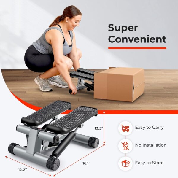 Angled view of Sunny Mini Stepper for cardio and strength, featuring resistance bands for versatility.