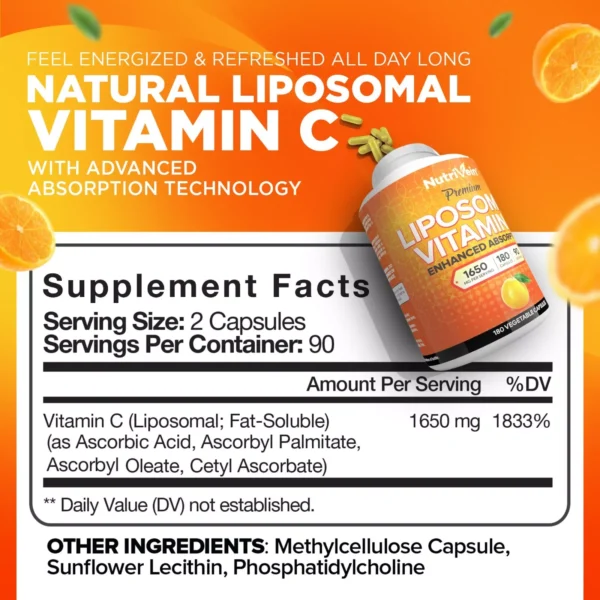 Detailed Nutrivein Liposomal Vitamin C 1650mg bottle highlighting premium quality and 180 capsules.