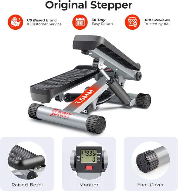 Side view of Sunny Health Mini Stepper with optional resistance bands for full-body exercise.