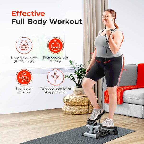 Digital display screen on Sunny Health Mini Stepper tracks steps, calories, and workout time.