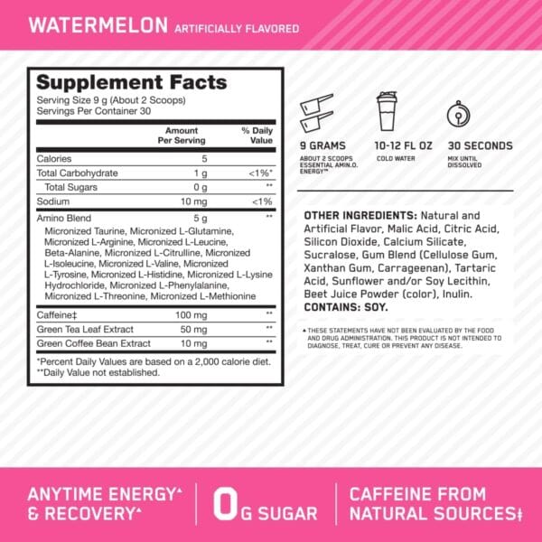 Optimum Nutrition Amino Energy pre-workout with BCAA, green tea, and amino acids for peak performance.