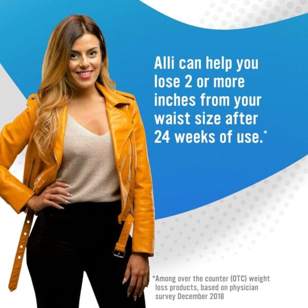 Alli fat-blocking pills with Orlistat 60mg, clinically proven to aid in weight loss by reducing fat absorption.