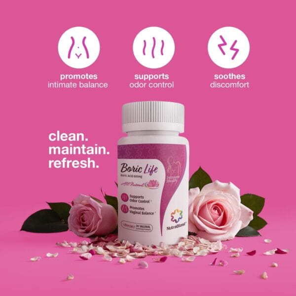 Back of NutraBlast Boric Acid Vaginal Suppositories 30 Count, showcasing ingredients and benefits.