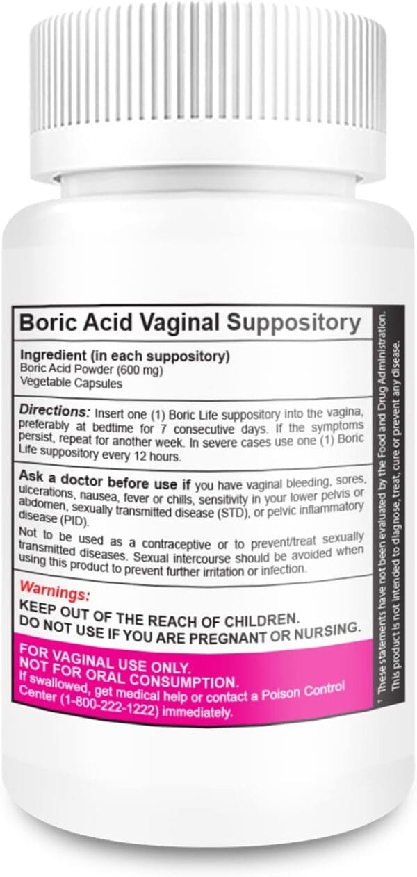 Close-up of NutraBlast Boric Acid Vaginal Suppositories capsules, 100% pure boric acid formula.