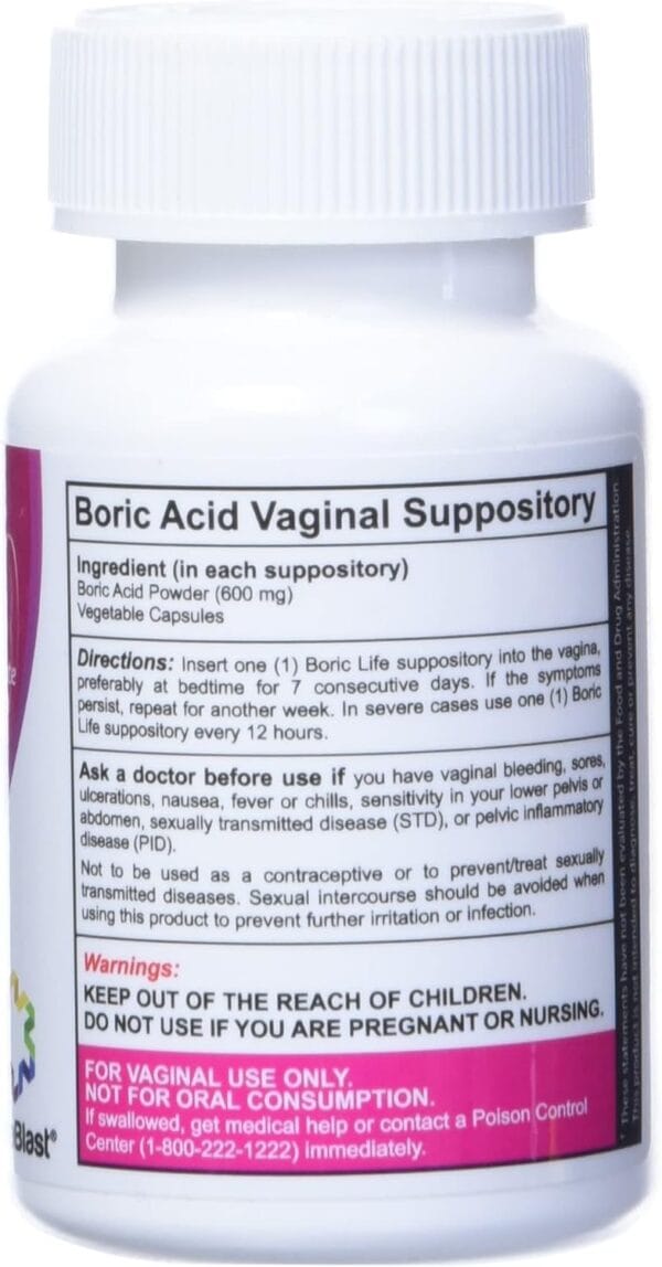 NutraBlast Boric Acid Vaginal Suppositories capsules displayed, pH balancing intimate health formula.