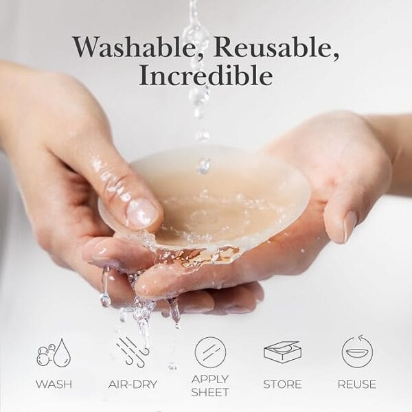 Front view of reusable sticky silicone nipple covers for women