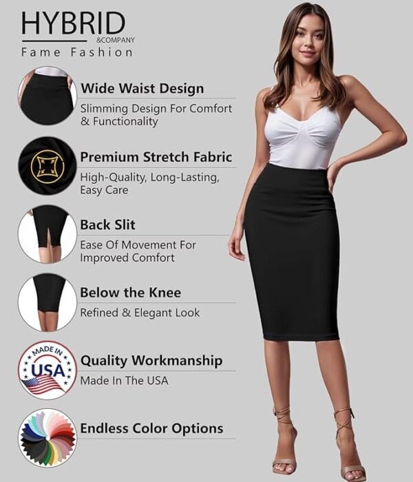 Close-up view of waistband and fit of women’s premium ponte pencil skirt