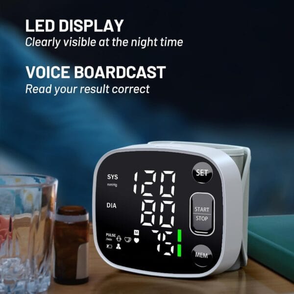 Oklar front view of wrist blood pressure monitor with LED screen