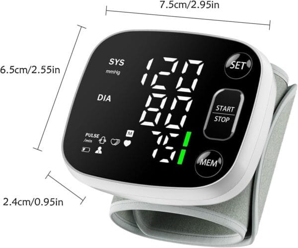 Side profile view of Oklar digital wrist BP monitor with buttons