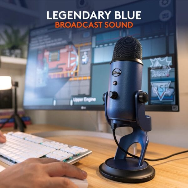 Blue Yeti USB mic shown connected to a PC in a modern streaming or gaming setup.
