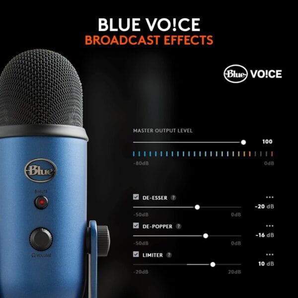 Full product shot of Logitech Blue Yeti USB Microphone, showcasing complete physical form.