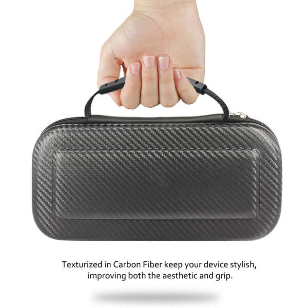 Angled top view of Nintendo Switch carrying bag with carbon texture