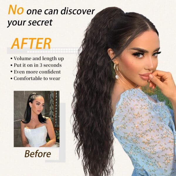 Side profile of ORSUNCER claw clip-in ponytail extension showing curly, textured layers in black brown