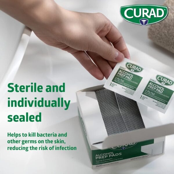 Close-up of CURAD Alcohol Wipes texture and wrapping with clear labeling