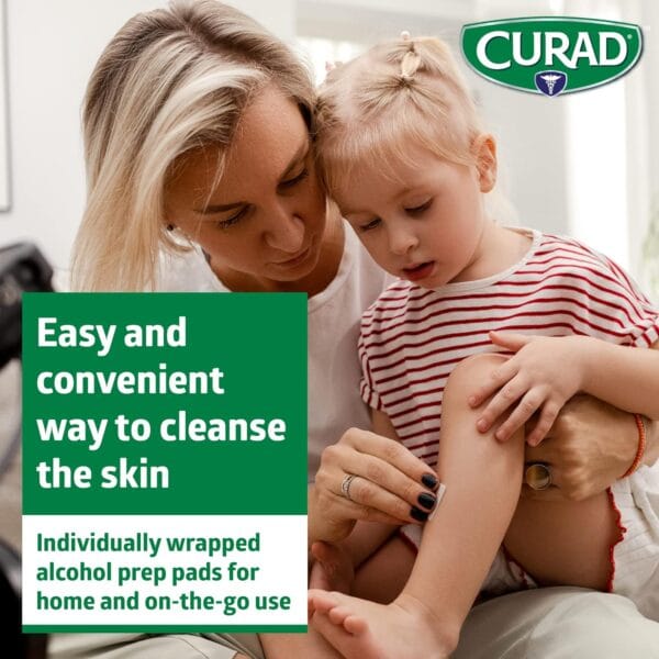 CURAD Alcohol Prep Pads shown inside open box, individually wrapped