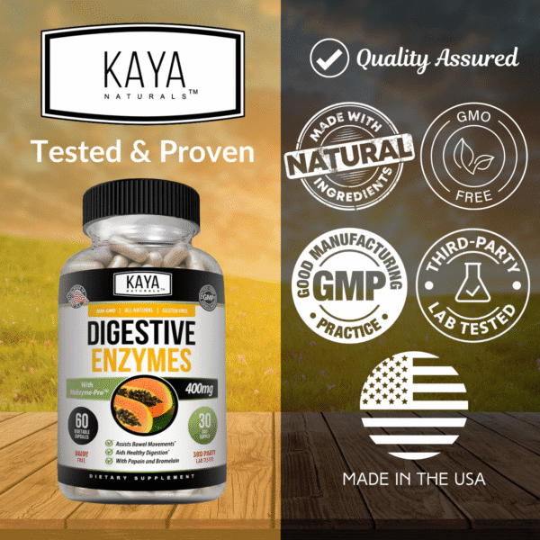 Front view of Digestive Enzymes bottle with Probiotics and Prebiotics for bloating relief