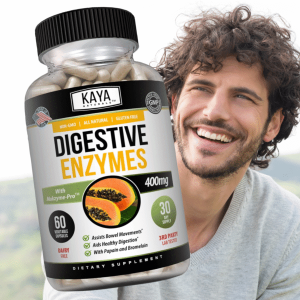 Side angle shot showing Digestive Enzymes bottle featuring bloating and gas relief benefits