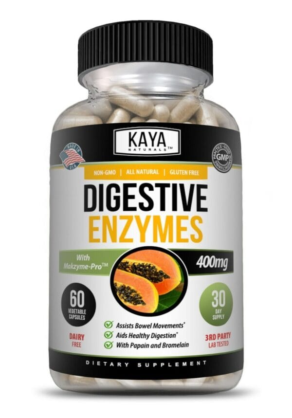 Flat lay display of Digestive Enzymes with bottle and capsules arranged neatly