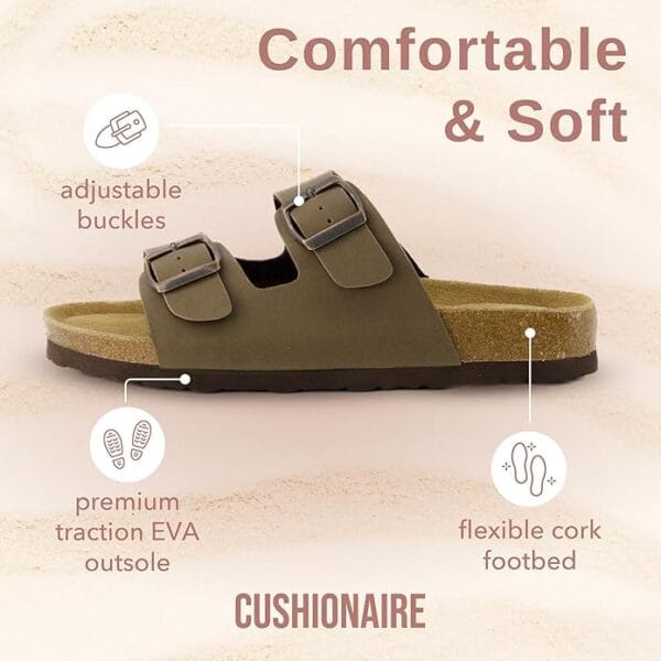 Side angle of CUSHIONAIRE slip-on sandals with double buckle and arch support