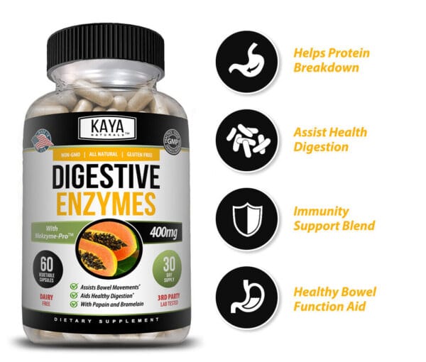 Digestive Enzymes capsules shown outside bottle, ideal for bloating and gas support