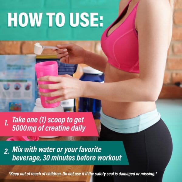 Close-up of supplement powder optimized for muscle building and energy in women