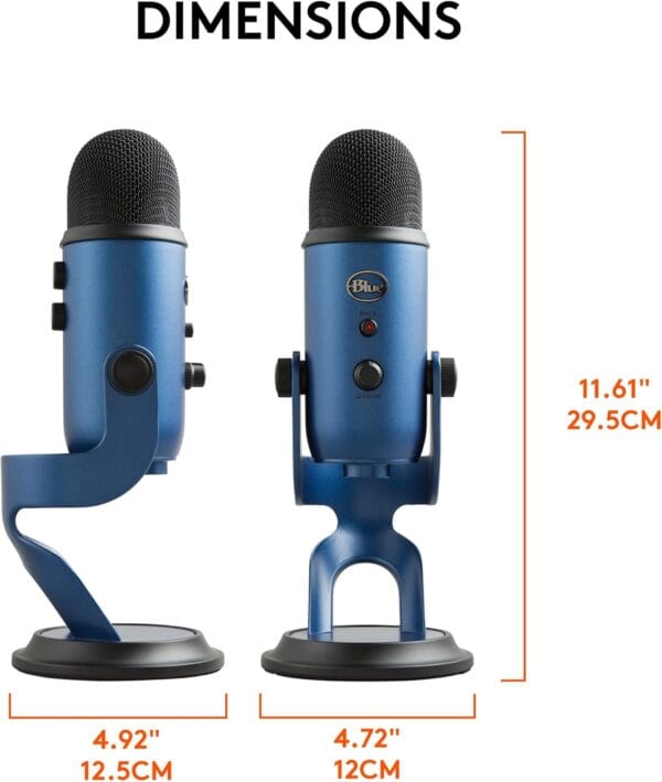 Logitech Blue Yeti USB mic in active use by a streamer or podcaster during recording session.