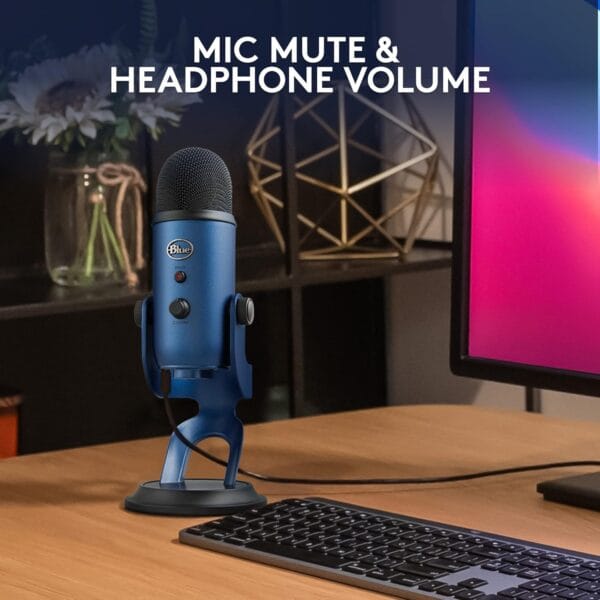 Close-up image of Blue Yeti USB mic displaying fine details, button layout, and metal finish.