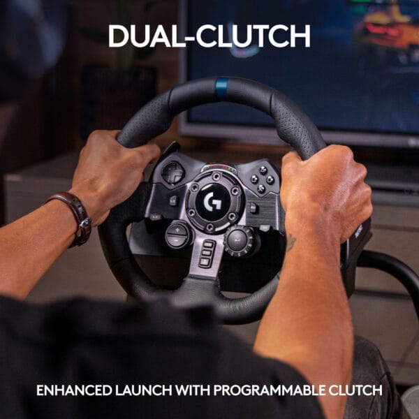 Close-up of Logitech G923 racing pedals with responsive brake, gas, and clutch for real racing feel
