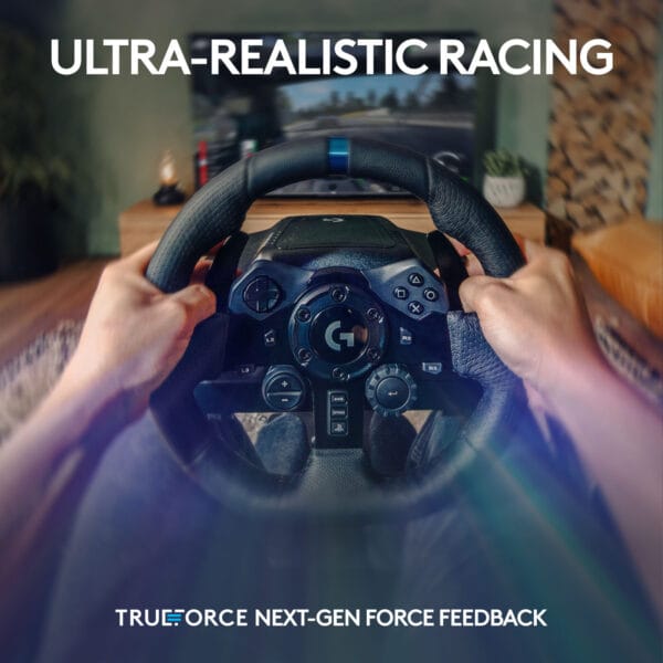 Side shot of Logitech G923 Racing Wheel and Pedals setup for PS5, PS4, PC, Mac gaming stations