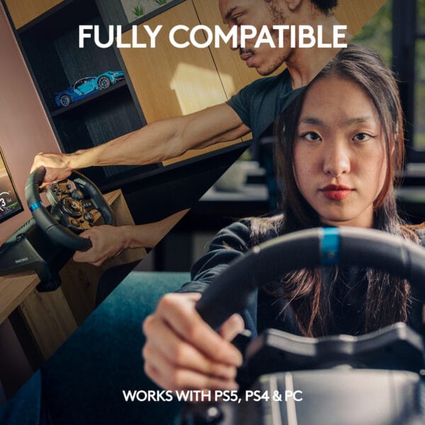 Logitech G923 racing wheel front angle showing TRUEFORCE build for PS5, PS4, PC & Mac