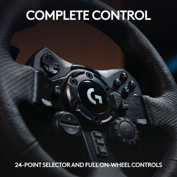 Angled view showing Logitech G923 Racing Wheel with TRUEFORCE motor for ultra-realistic feedback