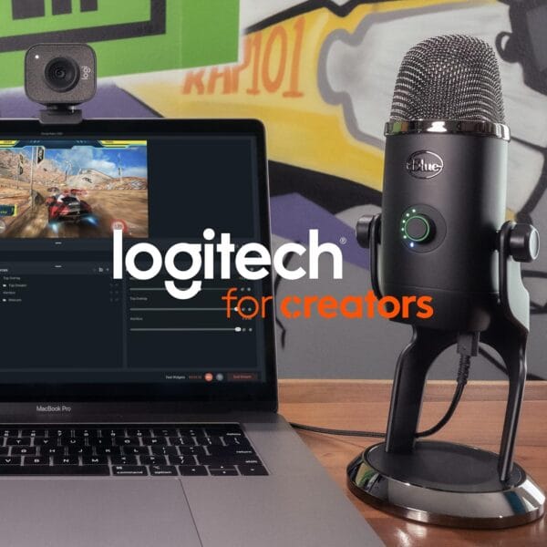Zoomed-in image of Logitech Blue Yeti mic focusing on texture, metal build, and input controls.