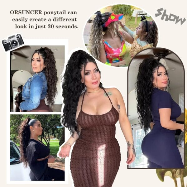 Top view of ORSUNCER’s 30-inch curly ponytail extension showing volume, hair density, and claw clip base
