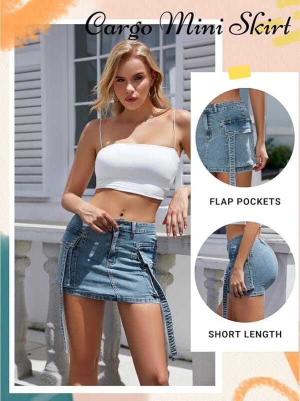 Rear view of women’s Y2K denim mini skirt with low waist and back pockets