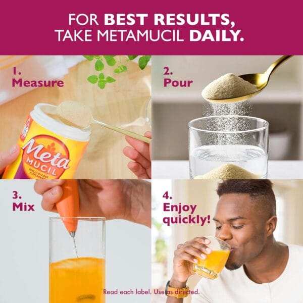 Instructional usage guide for Metamucil psyllium fiber supplement shown on packaging