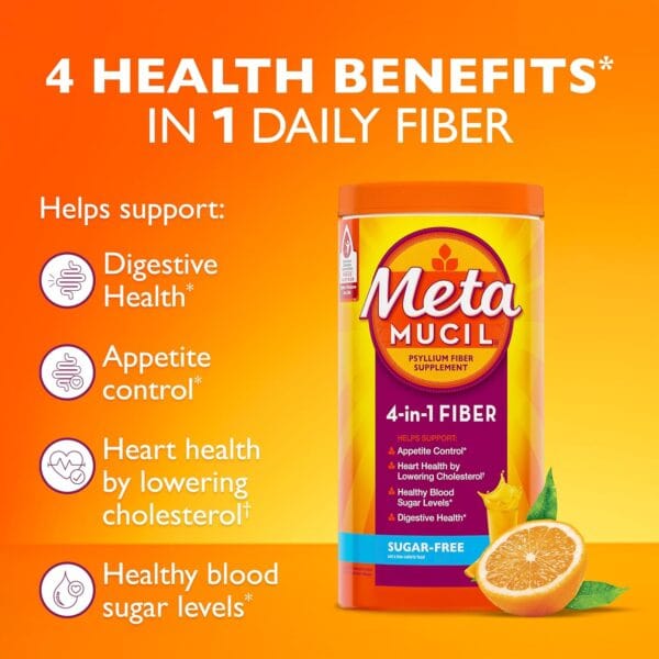 Full view of Metamucil psyllium fiber supplement container with 180 servings