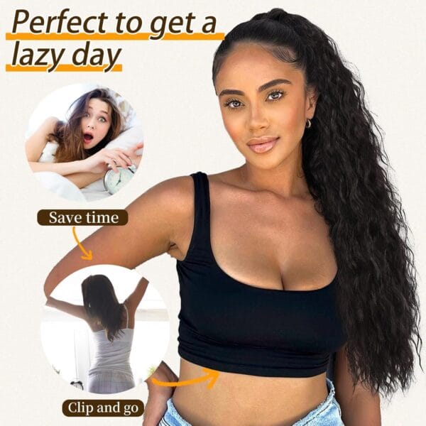 ORSUNCER long wavy ponytail clip-in extension shown from the front, fluffy, voluminous, and natural