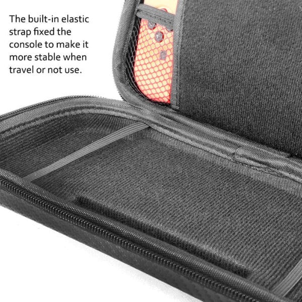 Nintendo Switch travel pouch inner compartments with elastic straps and mesh pockets