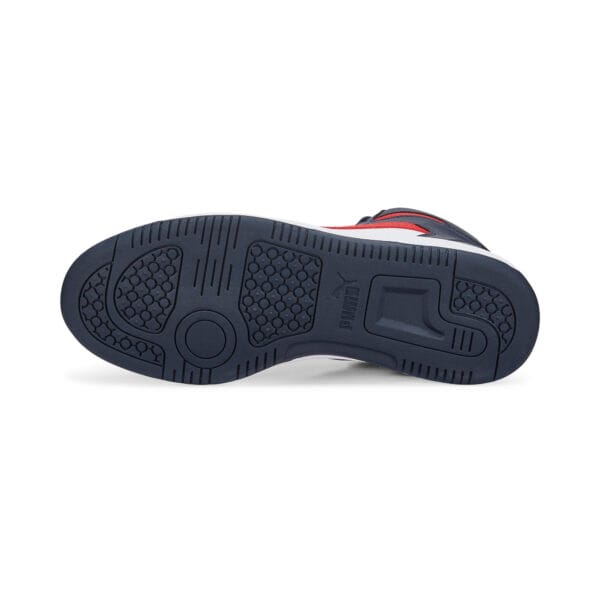 Front view of PUMA Men’s Rebound LayUp Sneakers in white and black design, athletic lifestyle shoes