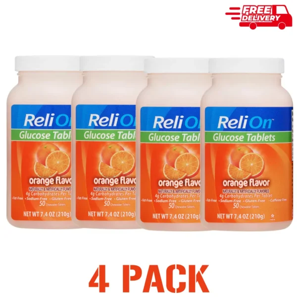 ReliOn Glucose Tablets, Orange flavor, 50-count per bottle, pack of 4 – fast-acting sugar support for low blood sugar