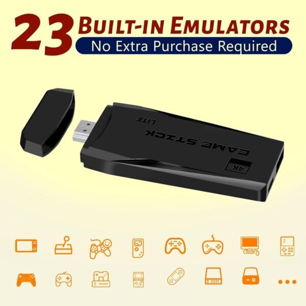 2025 Retro Gaming Console front view with dual wireless controllers and HDMI plug-and-play
