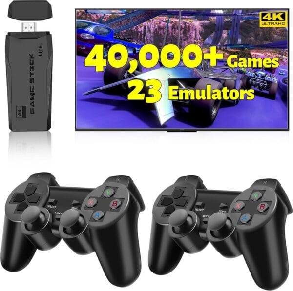Best Retro Game Console 2025 with 4K HDMI, 40,000 built-in classic games, 64GB plug & play stick with dual wireless controllers.