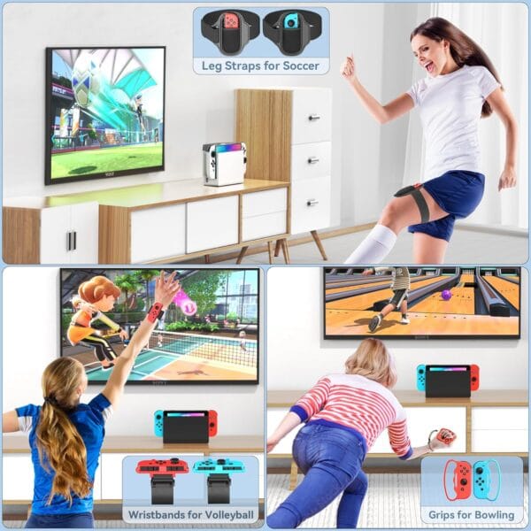 Full display of Switch Sports Party Pack Bundle with accessories and organizer station.