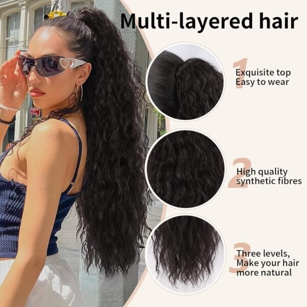 Back view of ORSUNCER wavy synthetic ponytail extension with natural fall and long layered texture
