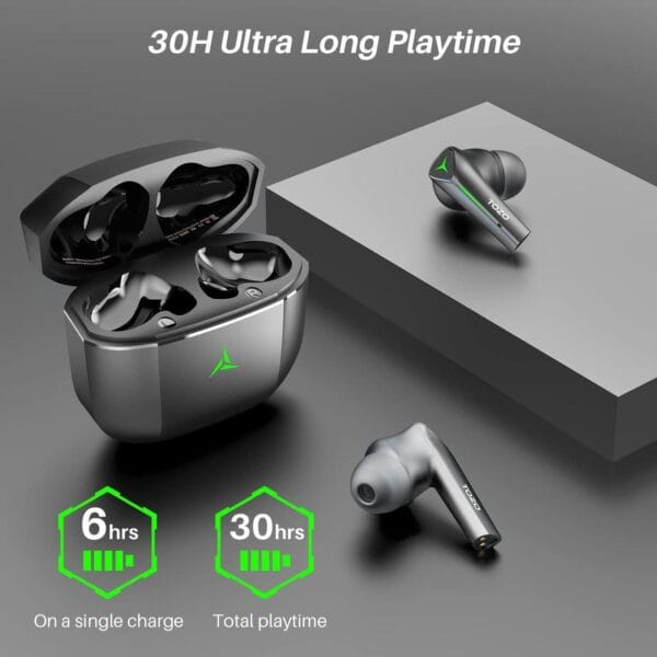 Side angle of TOZO G1 Bluetooth earbuds with breathable light gaming design