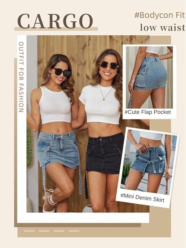 Women’s low waist Y2K denim cargo mini skirt front view with classic pockets and Y2K style