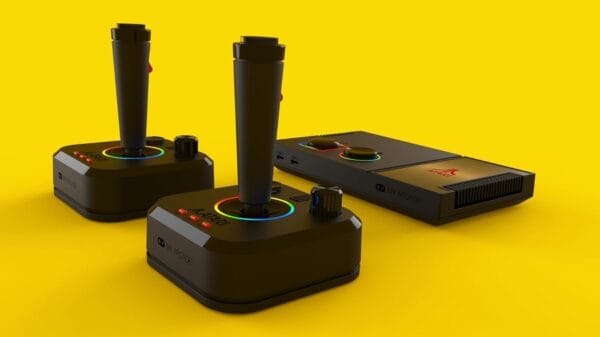 Front view of My Arcade Atari Game Station Pro console with wireless joysticks and LED lights