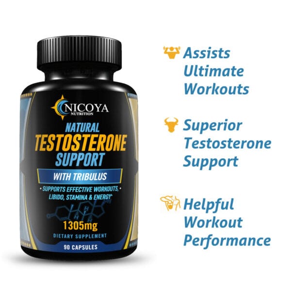 Back label of testosterone booster with dosage instructions, ingredients, and benefits